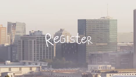 animation of register text banner against aerial view of cityscape