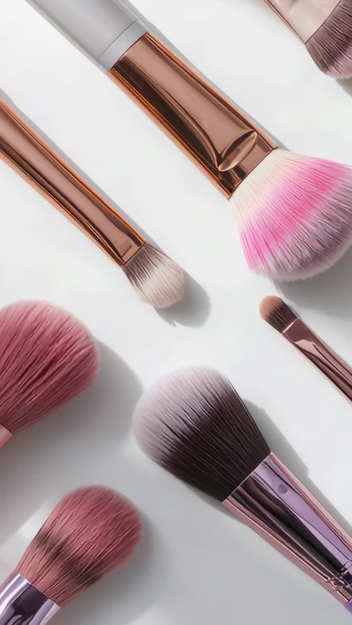 Vertical video: Sliding camera showing makeup brushes on white surface, showing pink-tipped brush