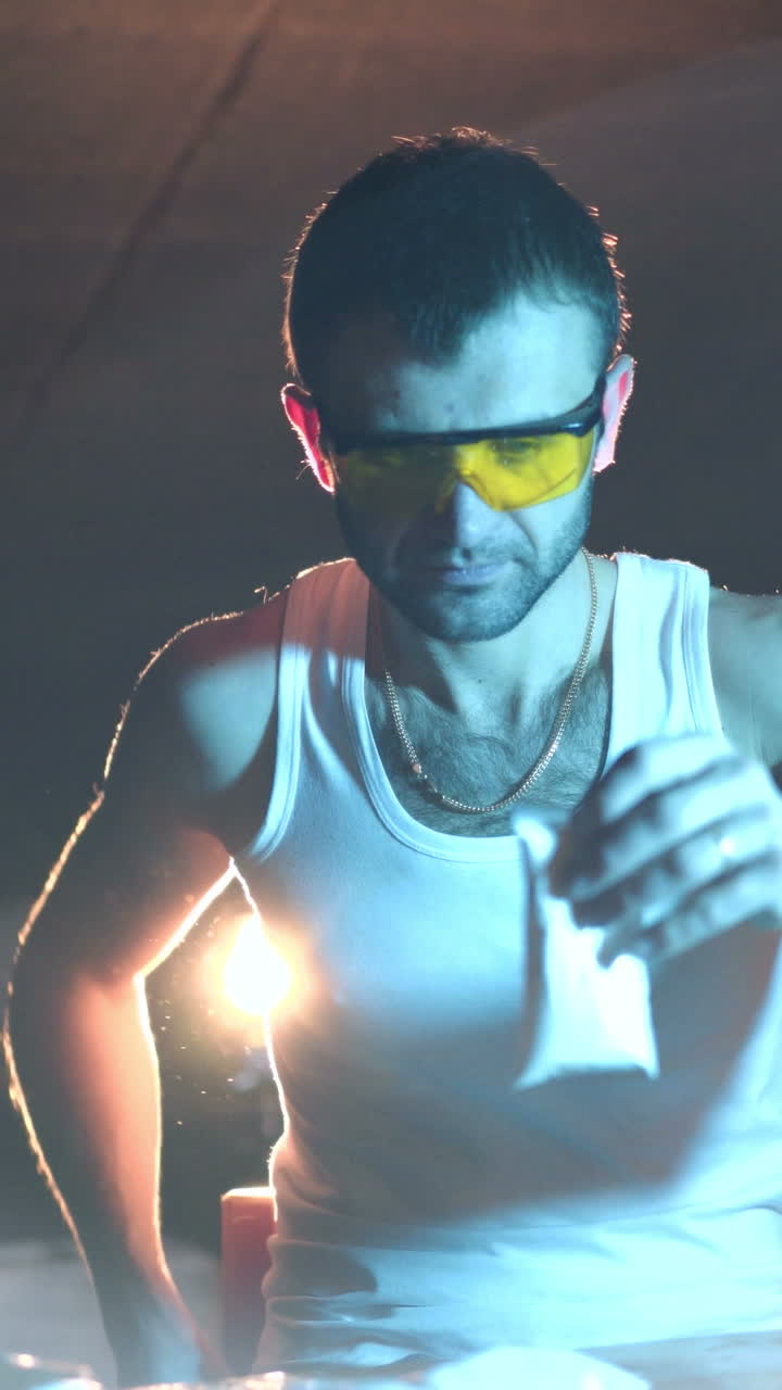 drug dealer in eyeglasses is packing drugs into suitcase at home. Illegal business.. Vertical video