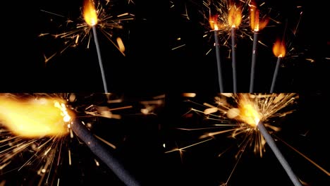 Multi-screen-shot-of-bengal-fire,-New-Year-sparkler-candle,-sparkling-lights-on-black-background