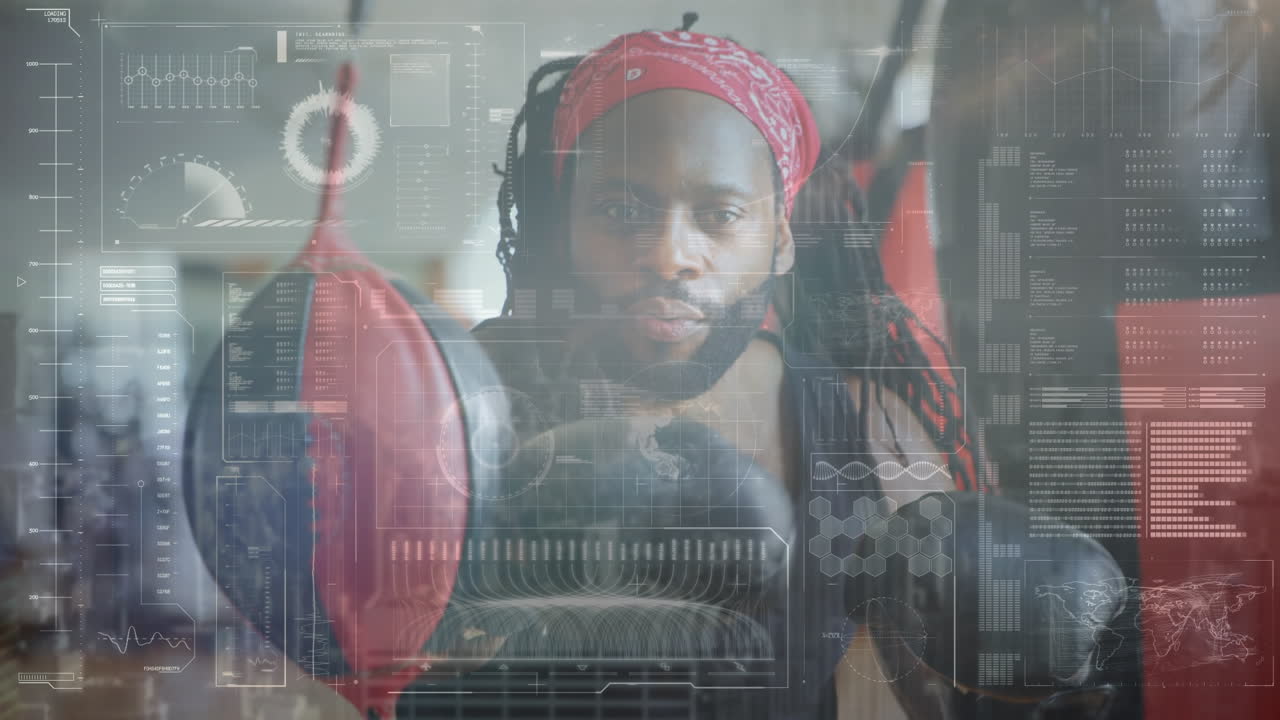 체육관에서 아프리카계 미국인 남성 권투 선수를 때리는 데이터 처리 애니메이션