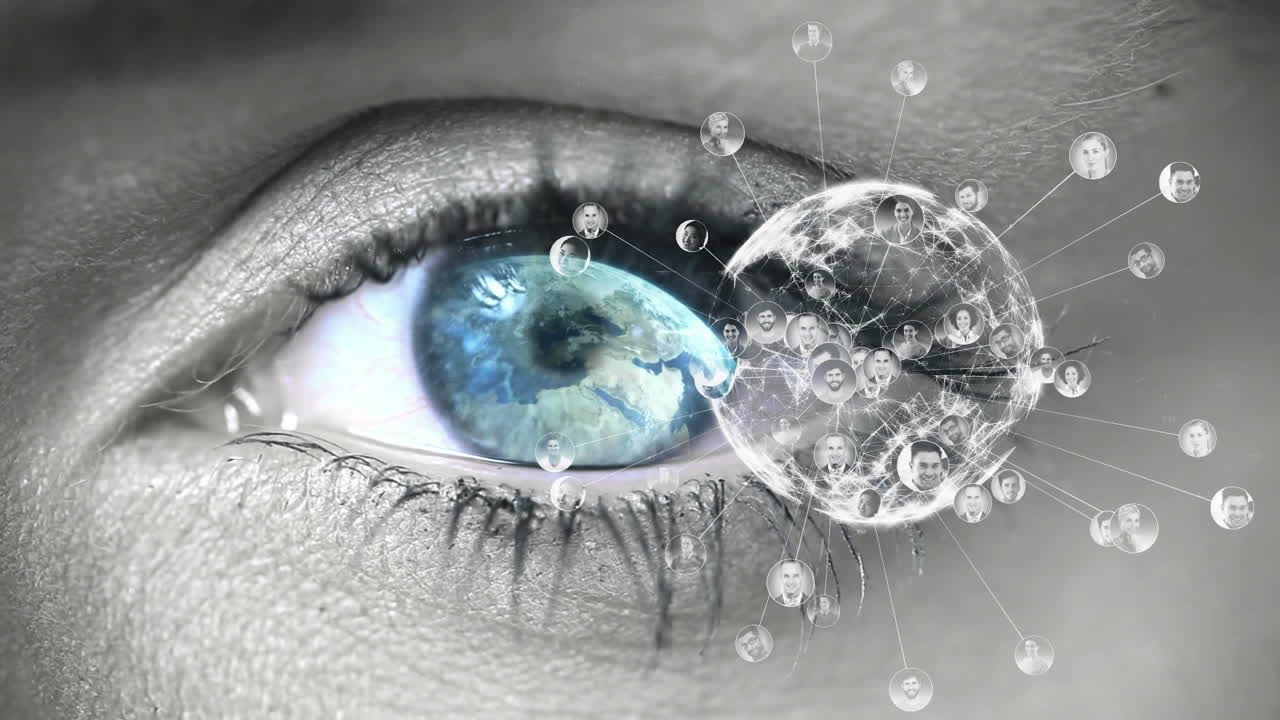 지구를 보는 파란 눈의 클로즈업