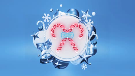 Animation-of-christmas-candy-canes-in-frame-with-decoration-on-blue-background