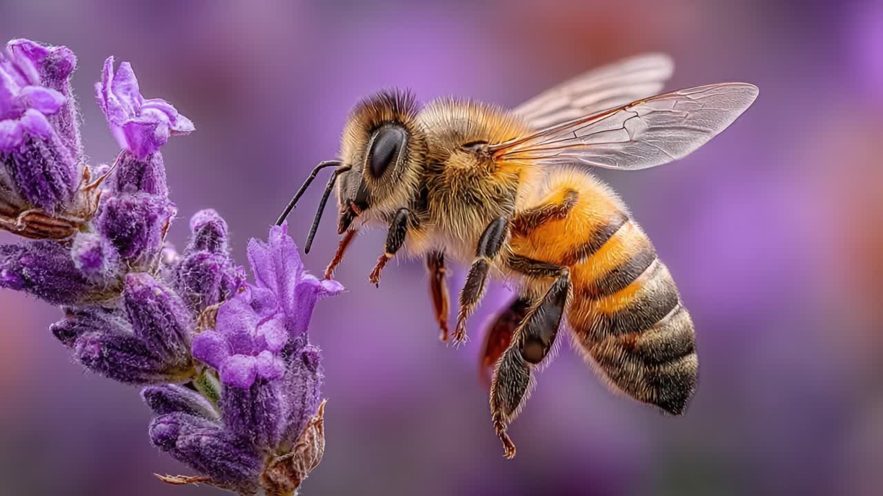 A Close-Up of a Honeybee Pollinating Lavender Flowers in Vibrant Bloom: Nature's Intricate Dance Between Insect and Blossom in Stunning Detail