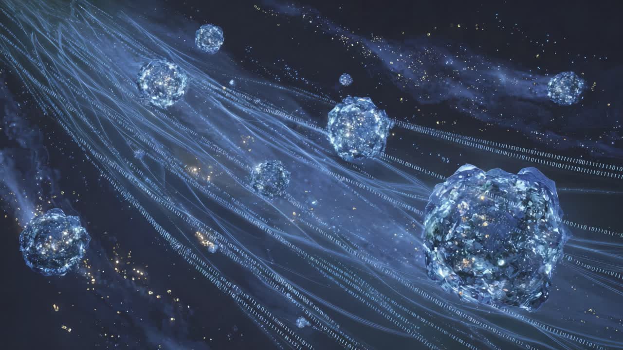 Abstract digital data spheres floating through streams of binary code in a dark, futuristic cyberspace environment, visualizing information transfer, network technology, and big data processing