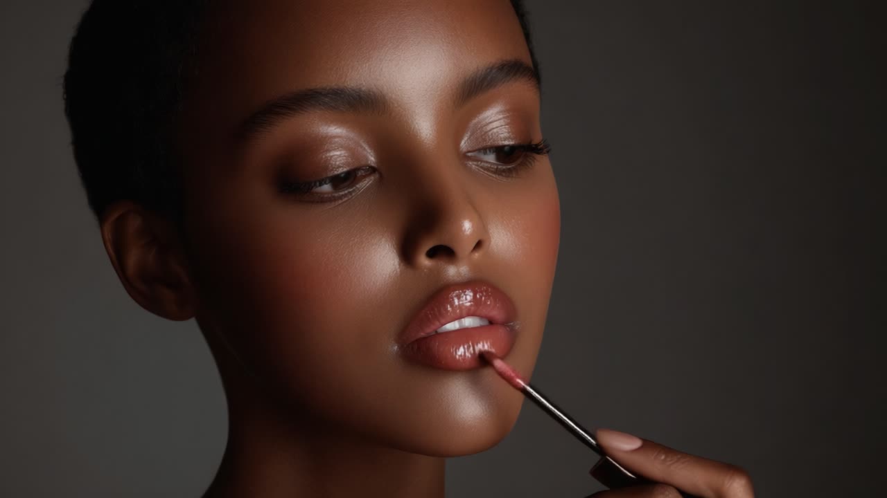 A Close-Up of a Model Applying Glossy Lip Color, Showcase of Beauty and Makeup Techniques Demonstrating Radiant Skin and Perfect Gloss Finish