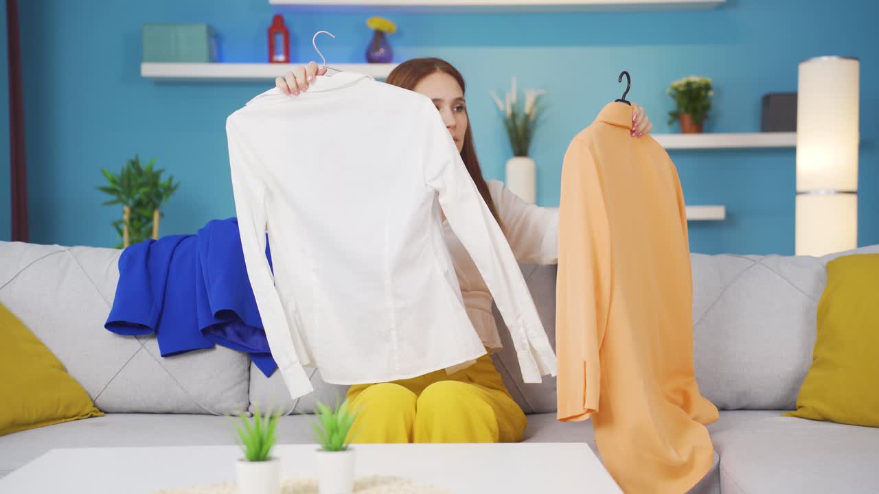 젊은 여성이 옷을 선택하고 있습니다.