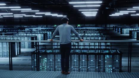 data center engineer looking down from a balcony on server farm cloud computing specialist facility. multiethnic asian system administrator working with data protection network for cyber security.