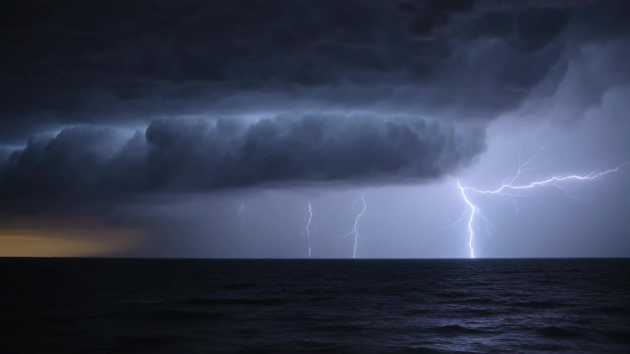 Pulsing shelf cloud after internal flash, producing lightning over open ocean, reflecting waves