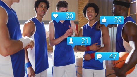 five basketball players forming huddle on gym court, showing social media marketing overlays