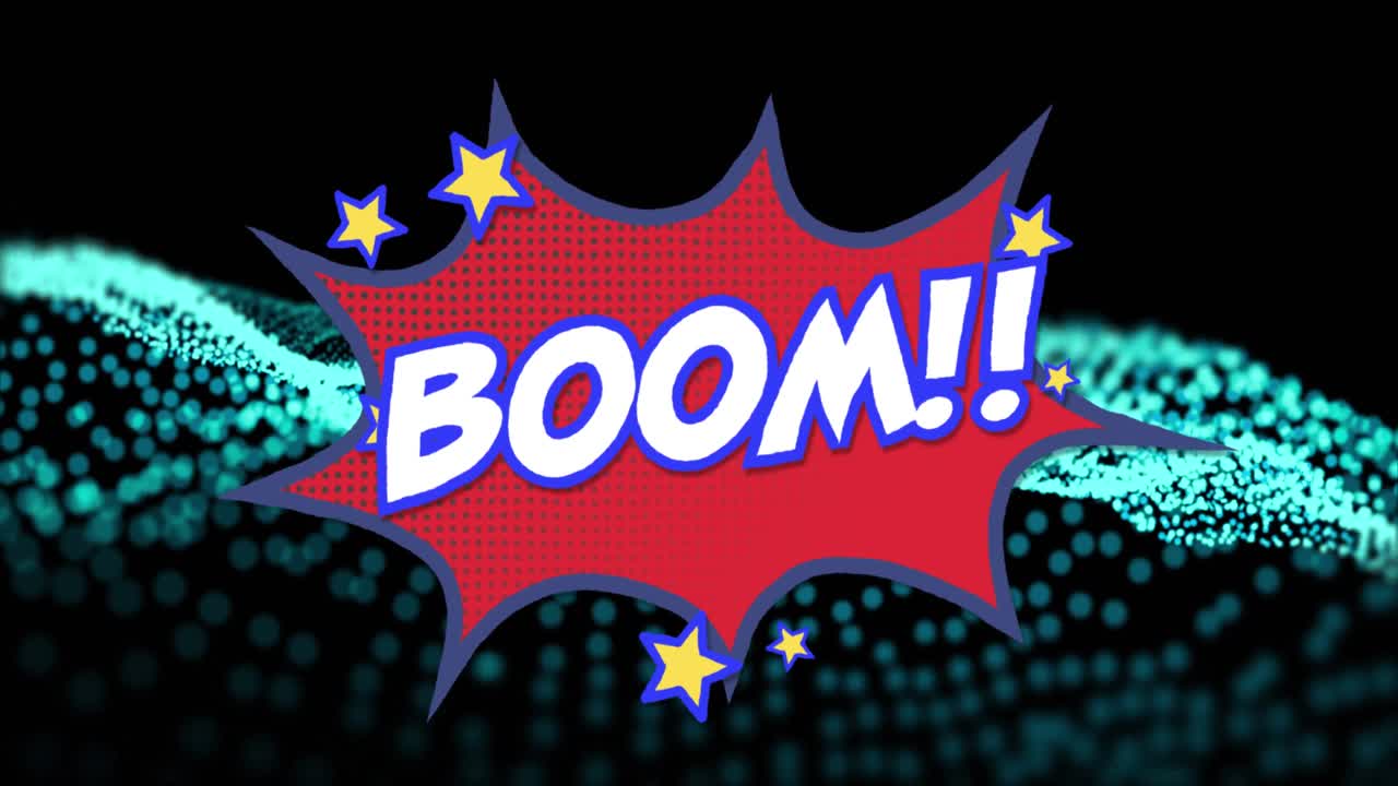 Animation of boom text over blue dots on black background