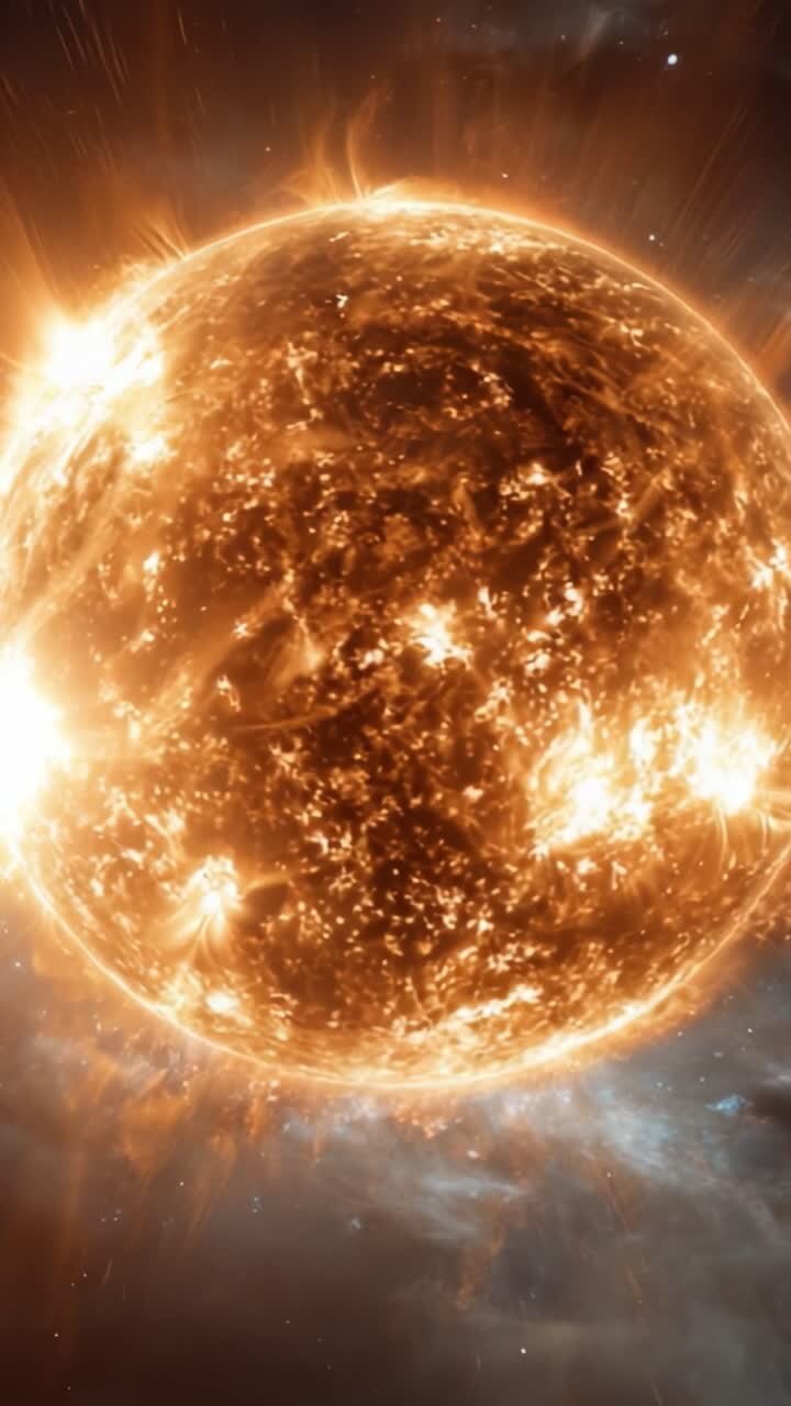 A mesmerizing close-up of a radiant sun, showcasing its intense fiery surface and captivating solar flares, embodying the raw power and beauty of our solar system's star