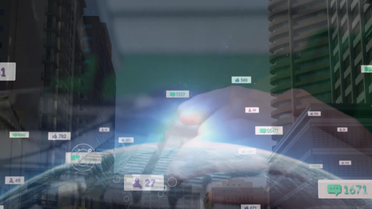 미디어 아이콘과 도시 풍경 위의 지구의 애니메이션