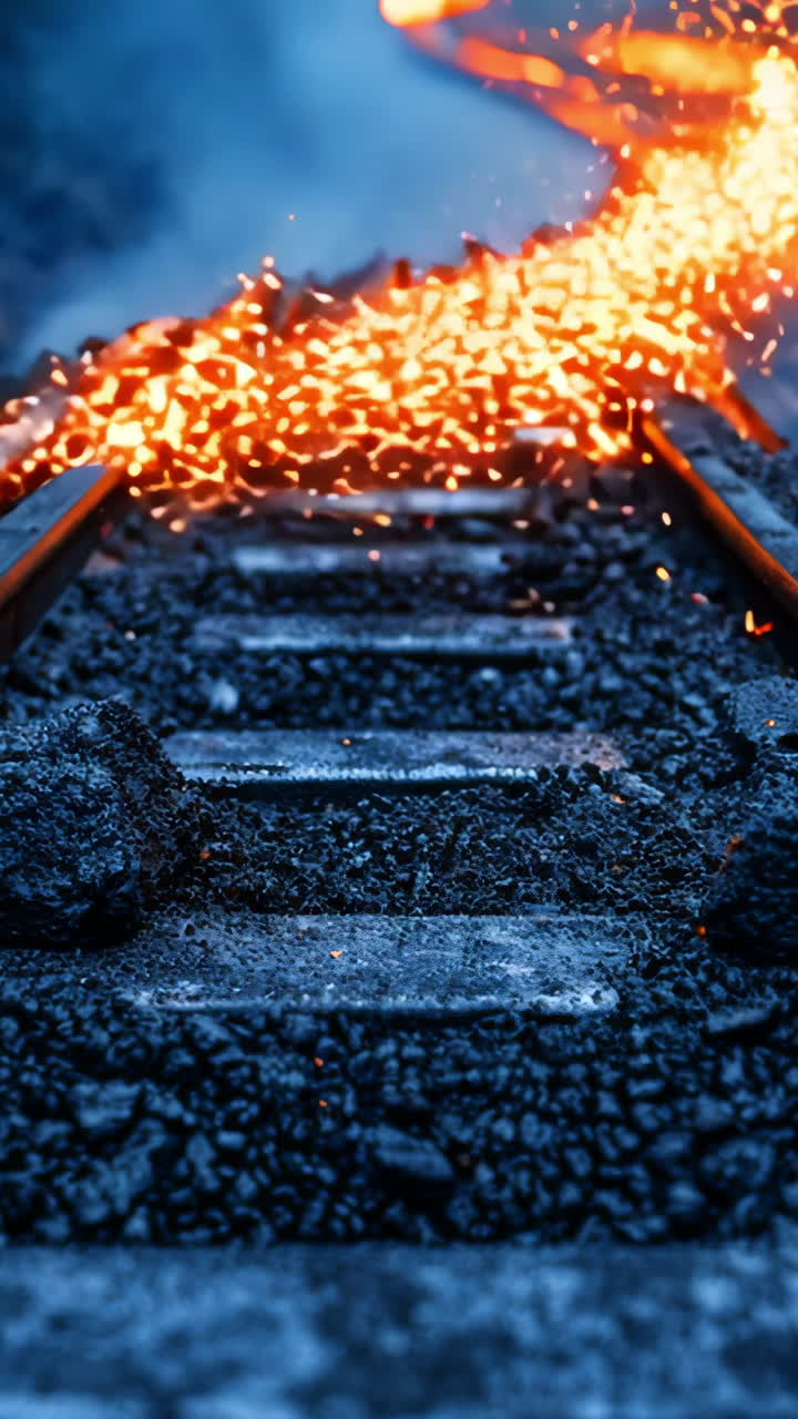 A train track with a lot of rocks and fire. The train is not visible. Scene is intense and dramatic