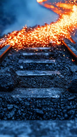a train track with a lot of rocks and fire. the train is not visible. scene is intense and dramatic