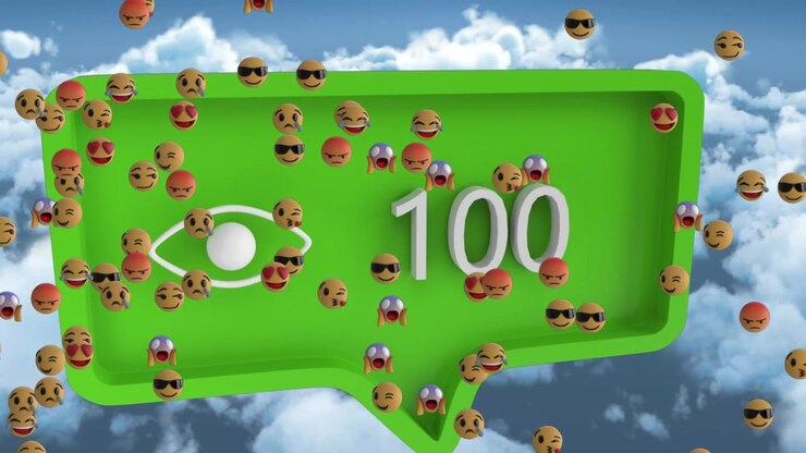 Animation of emoticons moving over eye social media reaction and clouds