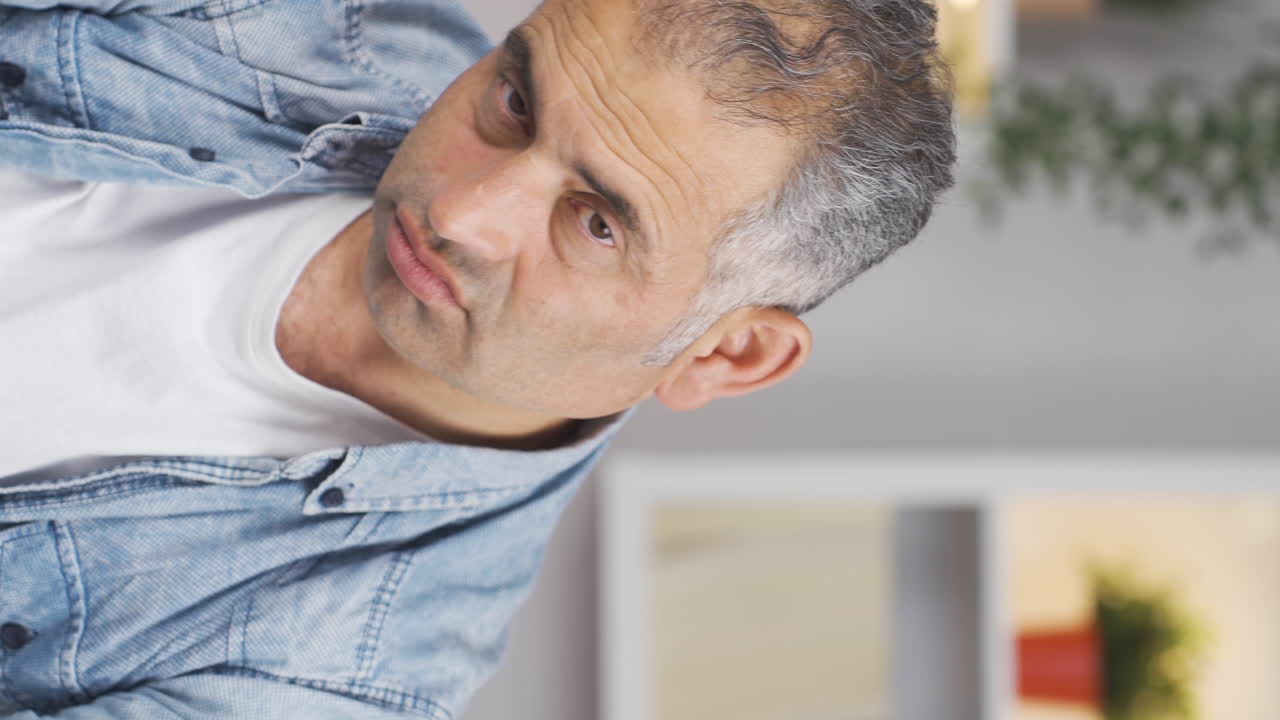 피곤해 보이는 남자의 수직 비디오.