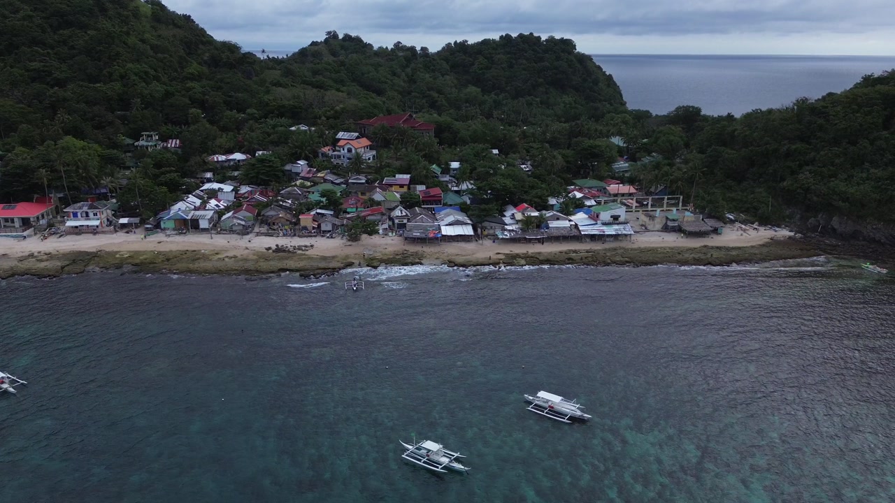 Aerial view of Apo Island village in the Philippines on a cloudy day showing remote tropical settlement coastal scenery and everyday island life in Southeast Asia