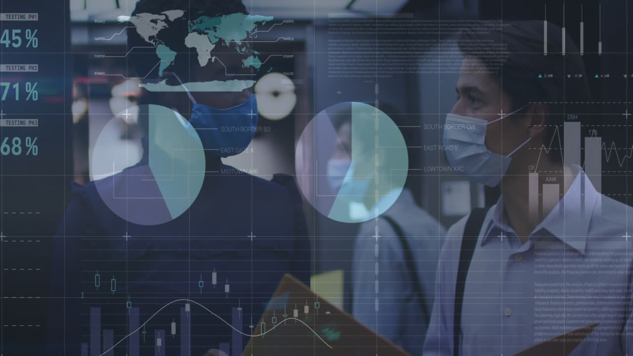 animación del procesamiento de datos sobre diversas personas de negocios con máscaras faciales en la oficina