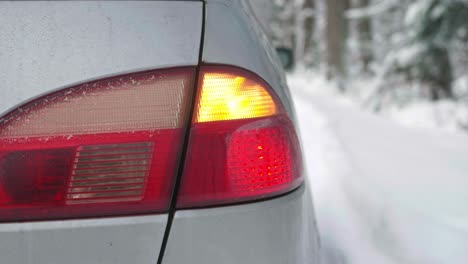 Rear-view-of-broken-car-on-road-in-winter-forest