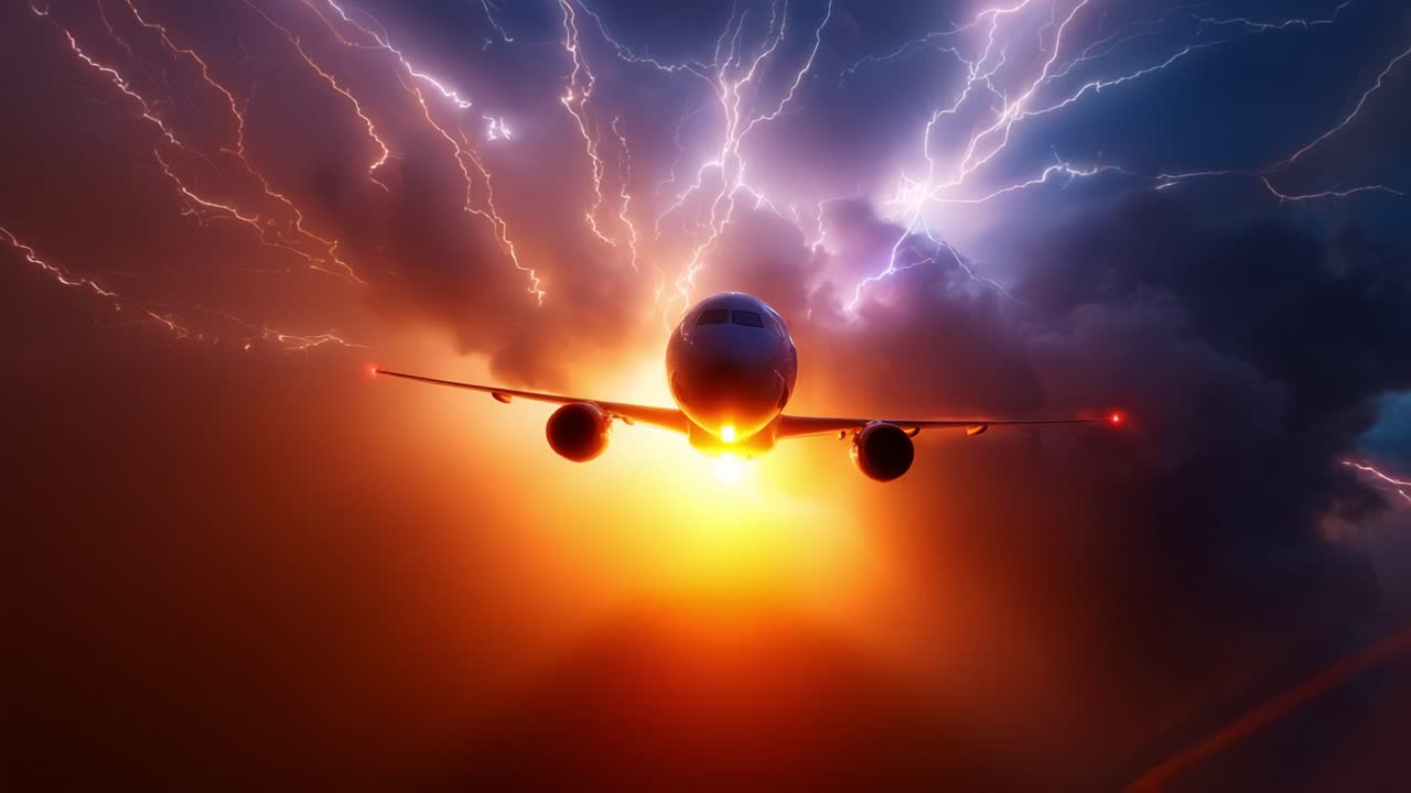 A dramatic scene captures an airplane soaring through turbulent skies illuminated by vibrant lightning and atmospheric energy, showcasing nature's raw power against human ingenuity