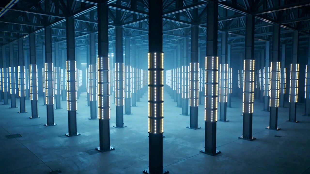Camera rig moving forward revealing central steel column pulsing LEDs in factory hall showing grid