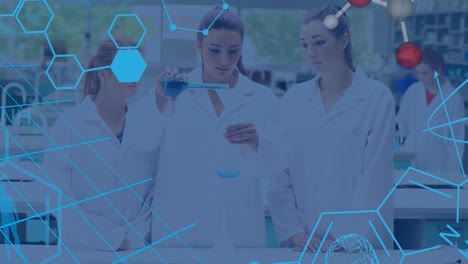 animación de la fórmula química sobre diversos científicos en el laboratorio