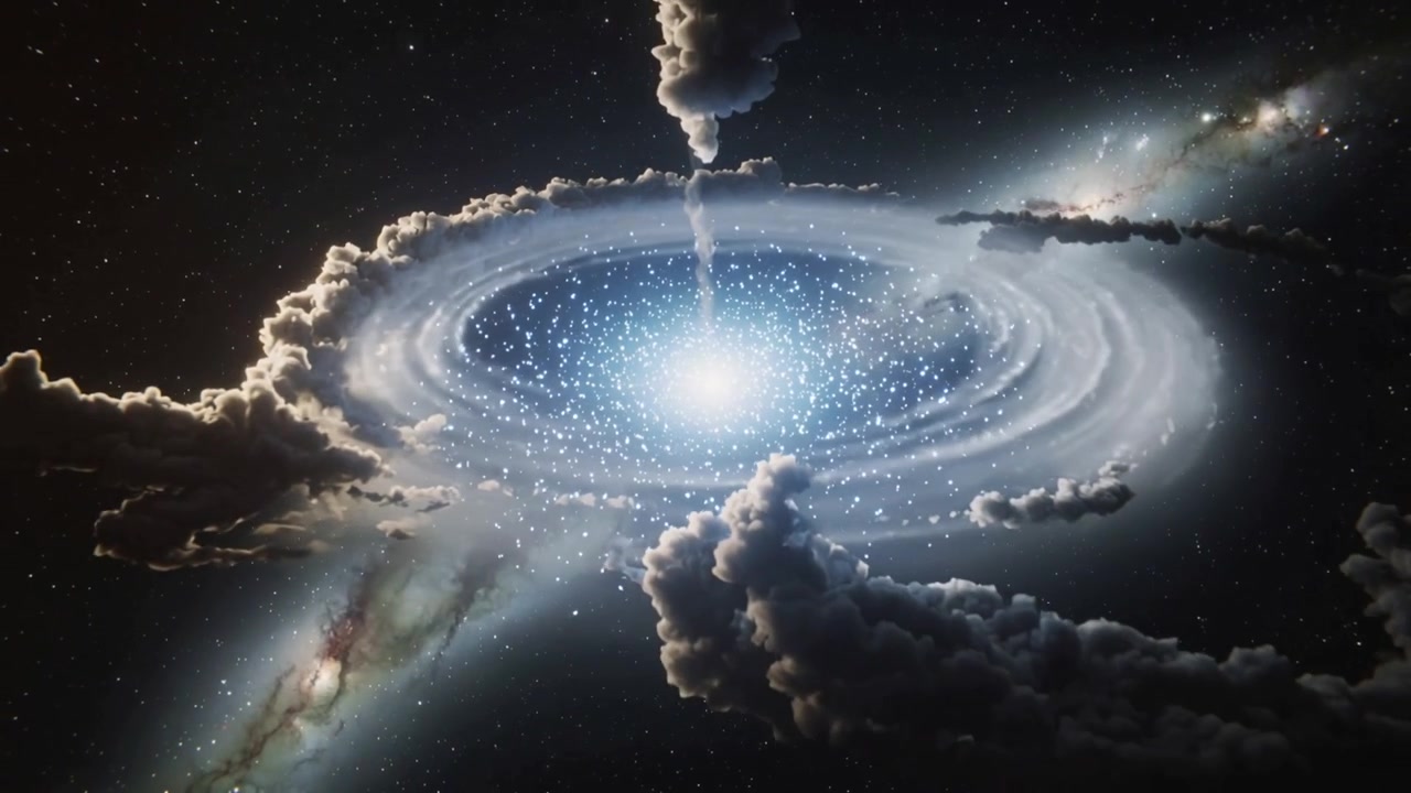Mostrando un nucleo e un disco che si formano dopo un brillante lampo nello spazio, emettendo un getto verticale, con una nuvola in primo piano.