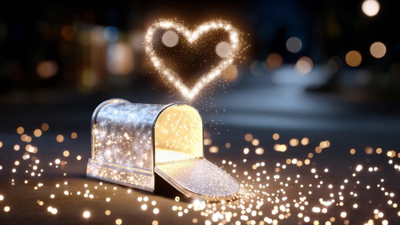 Heart-shaped sparkles emerge from an open mailbox. Sparkles cascade onto the ground around the mailbox. Soft lights fill the night, glowing gently. Emotion suggests hope and gentle joy