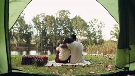 Camping,-tent-and-couple-by-lake-in-nature