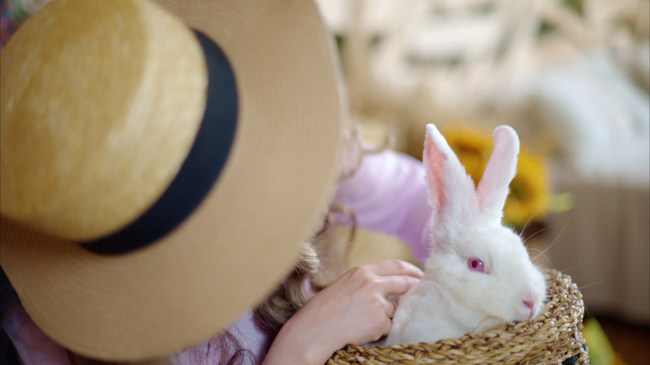 Woman petting a white bunny in the barn near square hay bales, in daylight