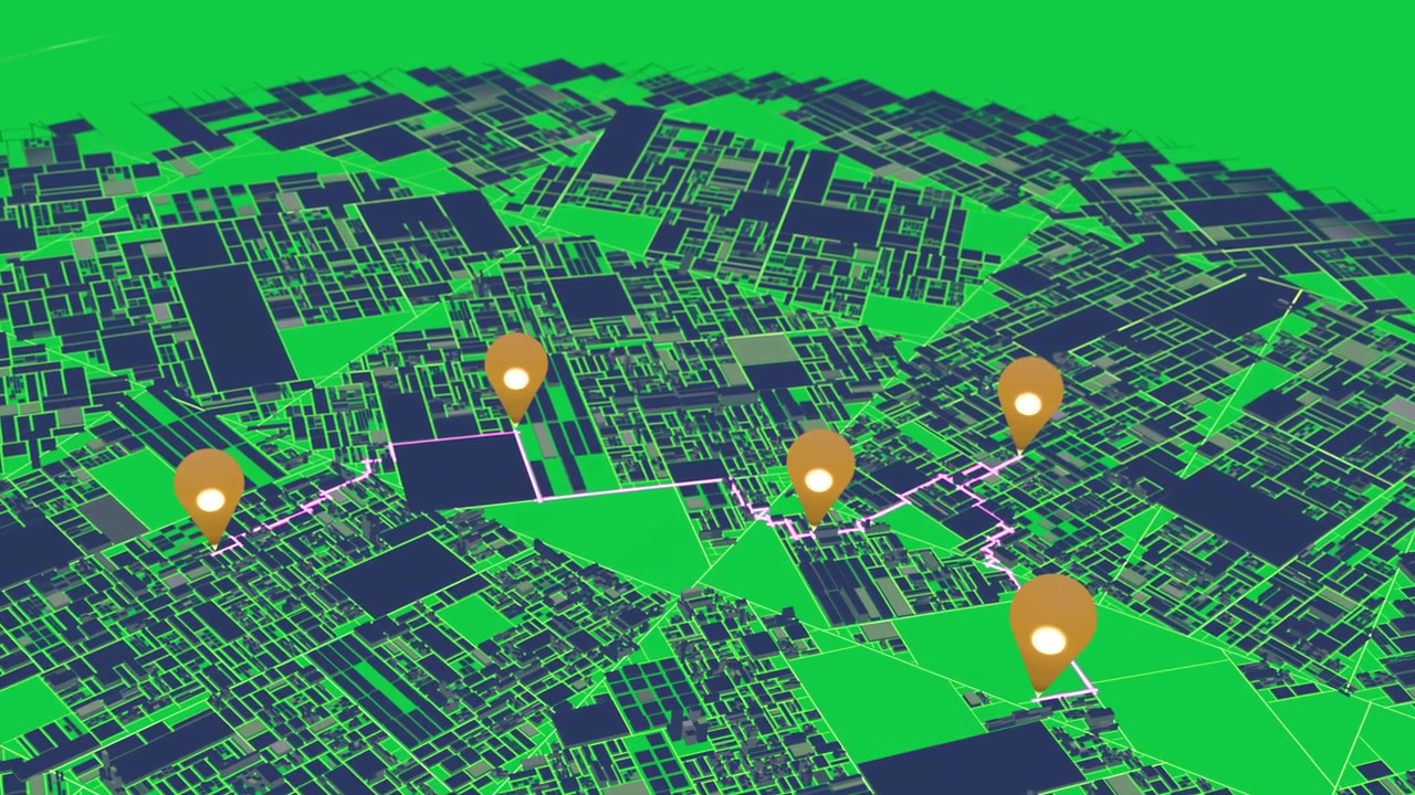 Orange pin appearing, magenta path tracing neon grid, linking pins for navigation, transparent bg