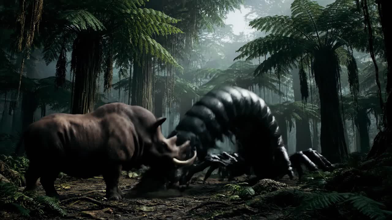 Rhino facing a giant monster in a prehistoric forest