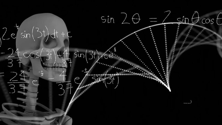Animazione di uno scheletro su DNA ed equazioni matematiche su sfondo nero