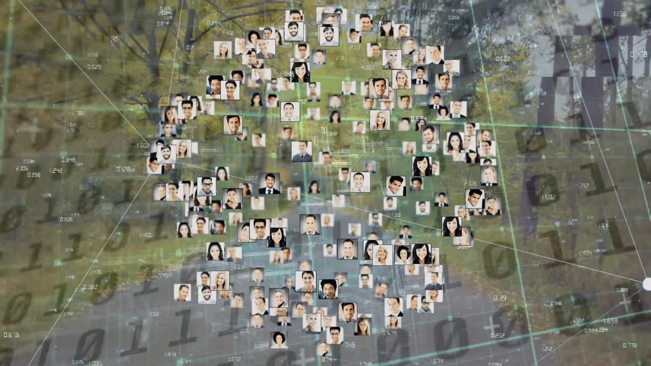 데이터 처리를 통해 사람들의 사진을 가진 연결 네트워크의 애니메이션