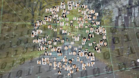 animation of network of connections with pictures of people over data processing