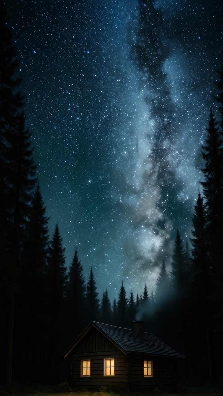 Un concetto video sereno di una baita accogliente sotto un cielo stellato. Ripreso da un'angolazione bassa, mette in risalto