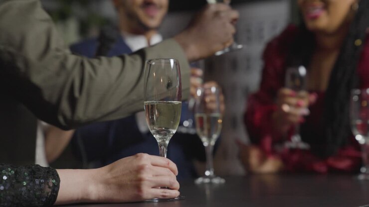 Primo piano di un bicchiere di champagne su un tavolo mentre gli amici sullo sfondo fanno karaoke