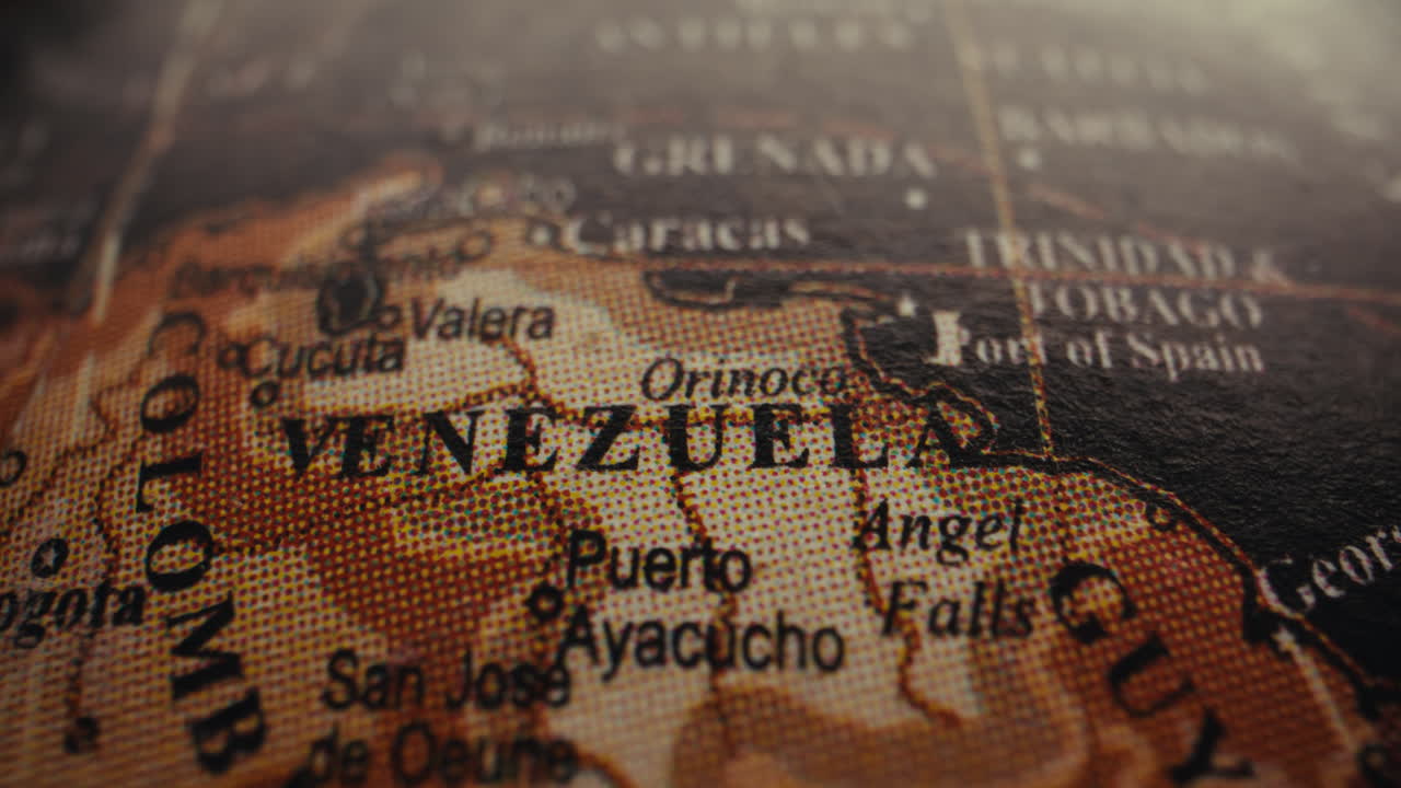 Close-up of a vintage world map focusing on Venezuela