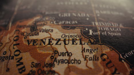 close-up of a vintage world map focusing on venezuela