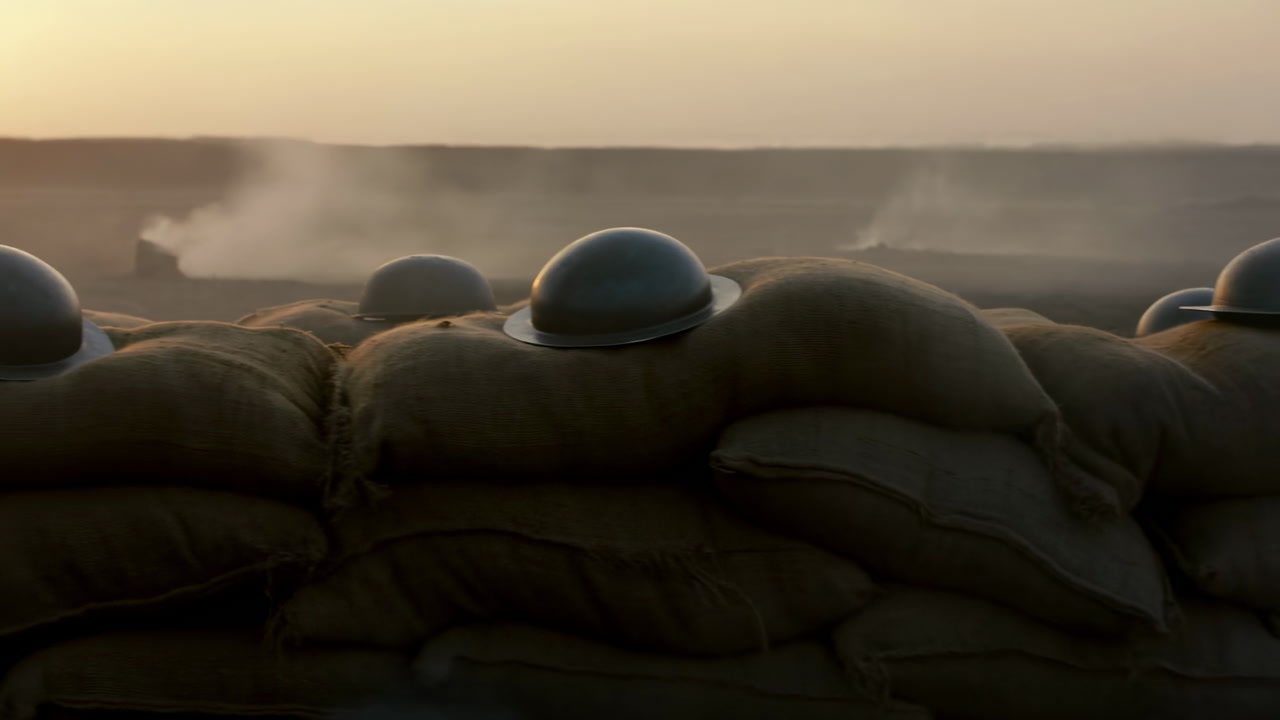 Sunset Trench Helmets Sand Smoke Rising Over Empty Battlefield, Closeup Of Metal Helmets Resting On Stacked
