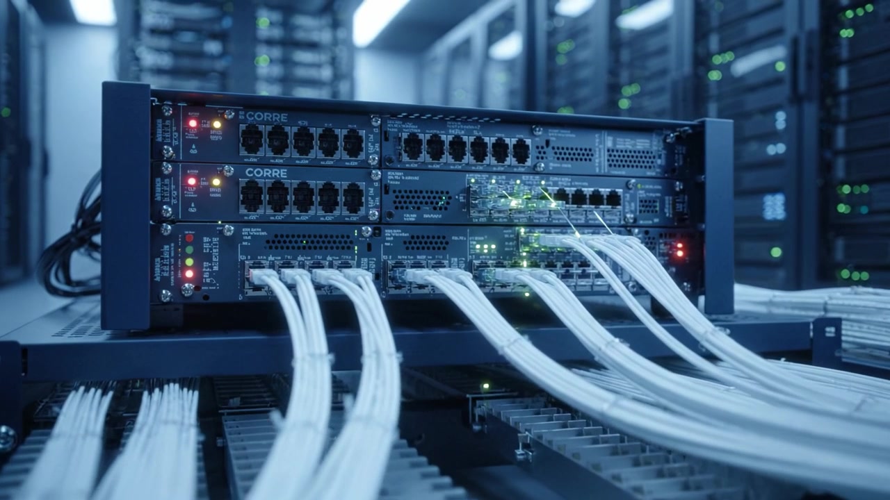 A Close-Up View of Network Server Equipment with Colorful Lights and Cabling in a Data Center, Showcasing Advanced Connectivity and Technology Setup