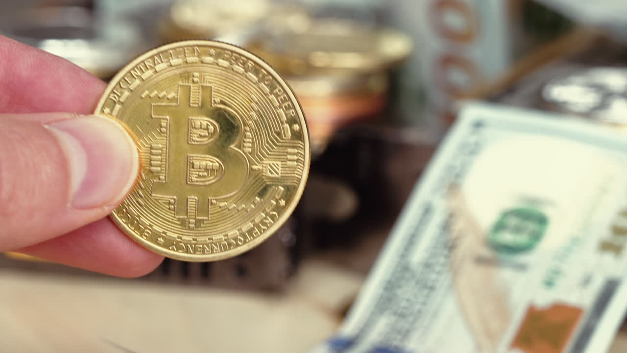 Composition with golden and silver bitcoin crypto money, dollars and computer graphic mining cards