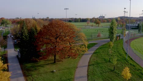 drone descendiendo sobre un campo de fútbol de césped en montreal