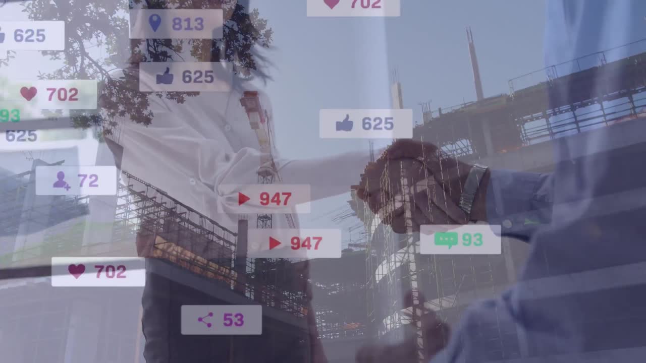 소셜 미디어 반응의 애니메이션과 백인 사업가들이 건설 현장에서 손을 흔들고 있습니다.