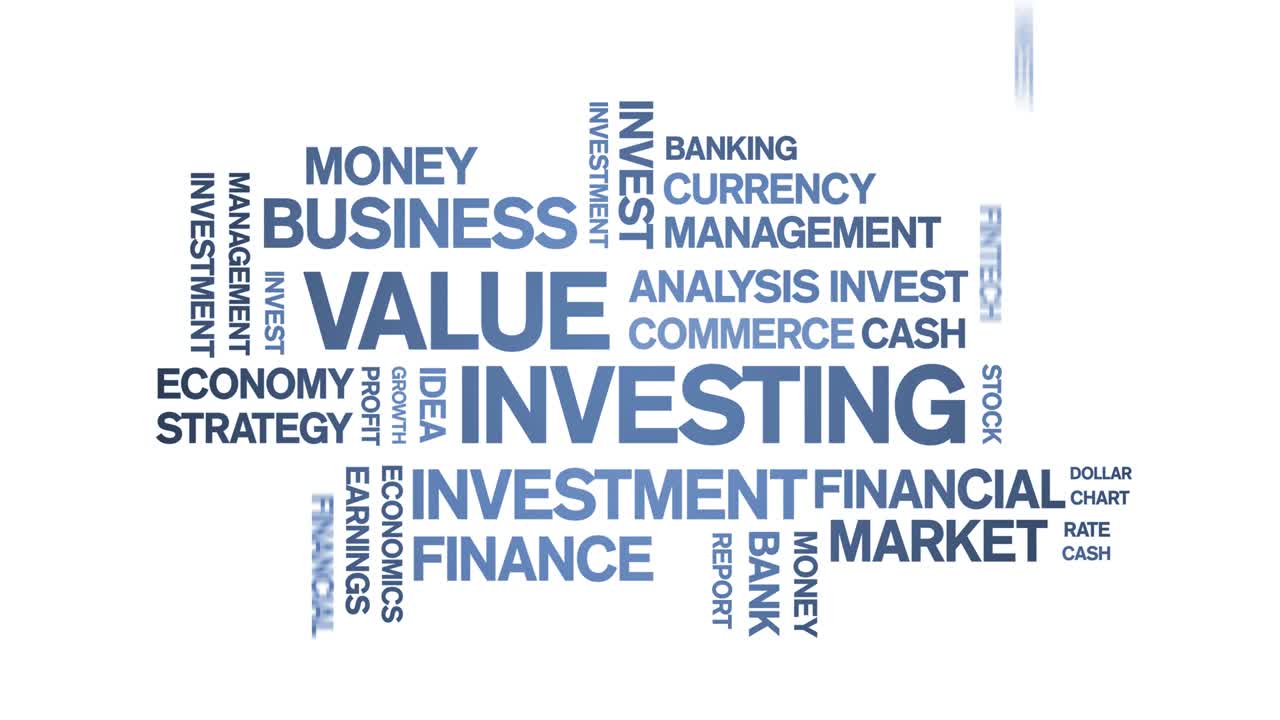 4k Value Investing Animated Tag Word Cloud,Text Design Animation seamless loop.