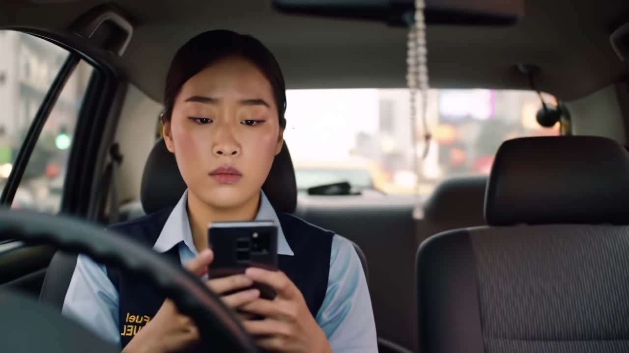 A Focused Driver in a Car: An Individual Engaged with Their Smartphone in a Busy Urban Environment, Highlighting Modern Distractions While Driving Safely