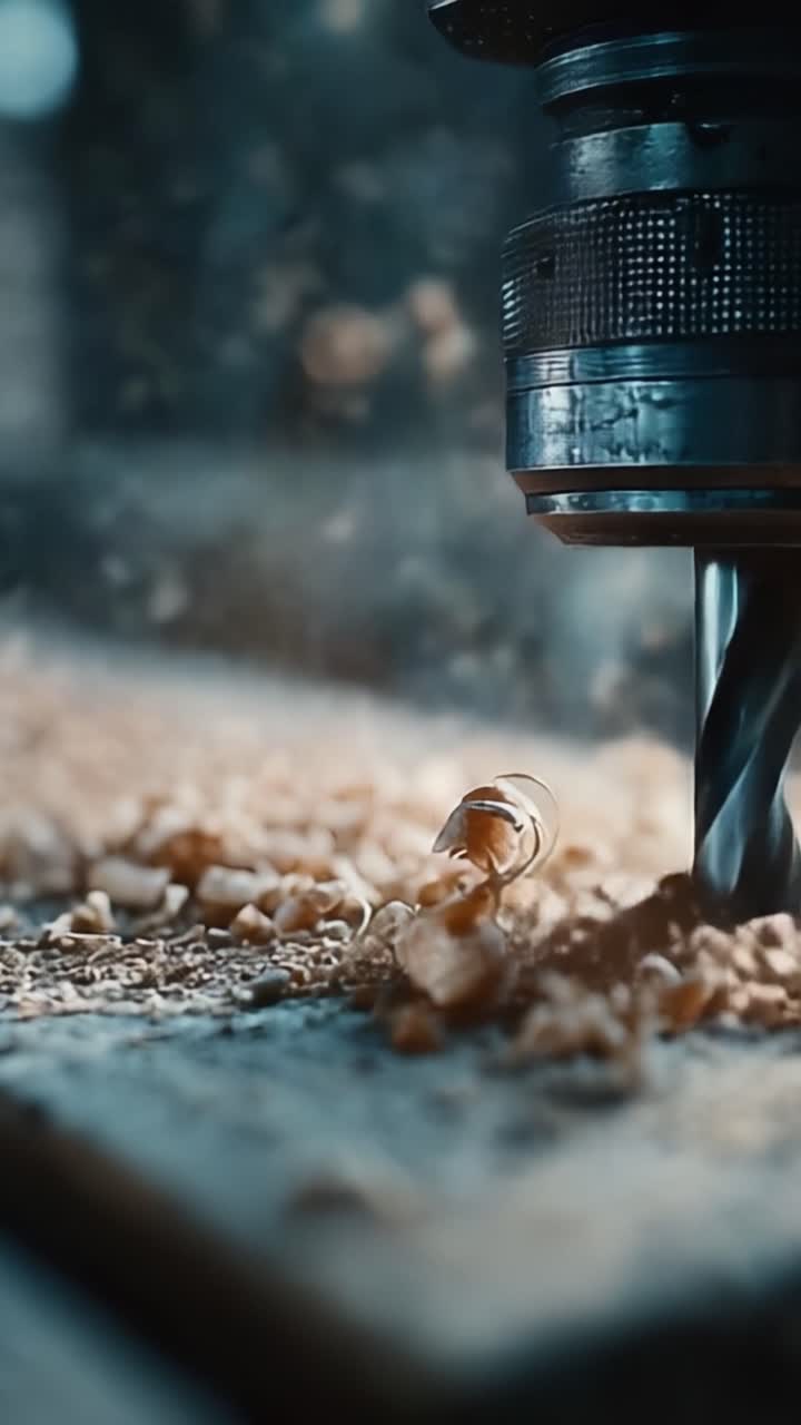 Primo Piano di una Punta da Trapano in Azione, Che Rivela i Dettagli Intricati dei Trucioli di Legno e la Precisione dell'Artigianato in un Ambiente di Officina