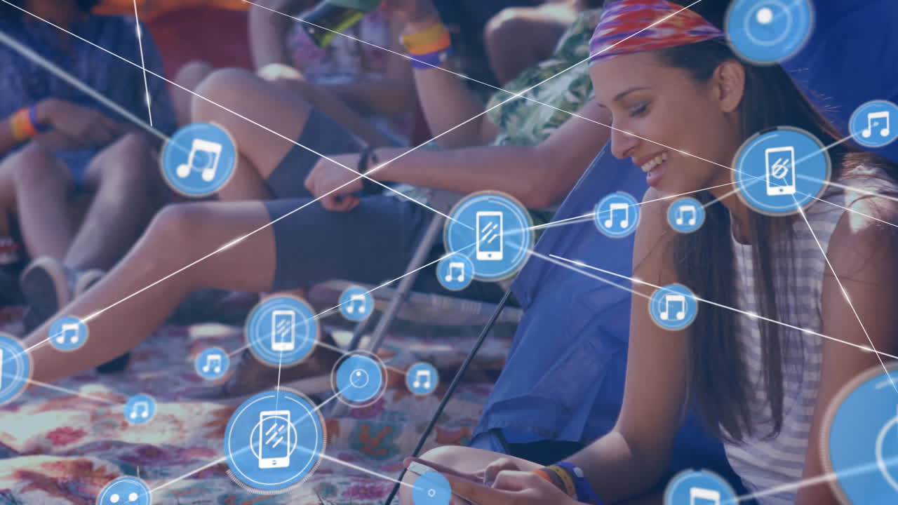 música y animación de conectividad de teléfonos inteligentes sobre personas que se relajan al aire libre