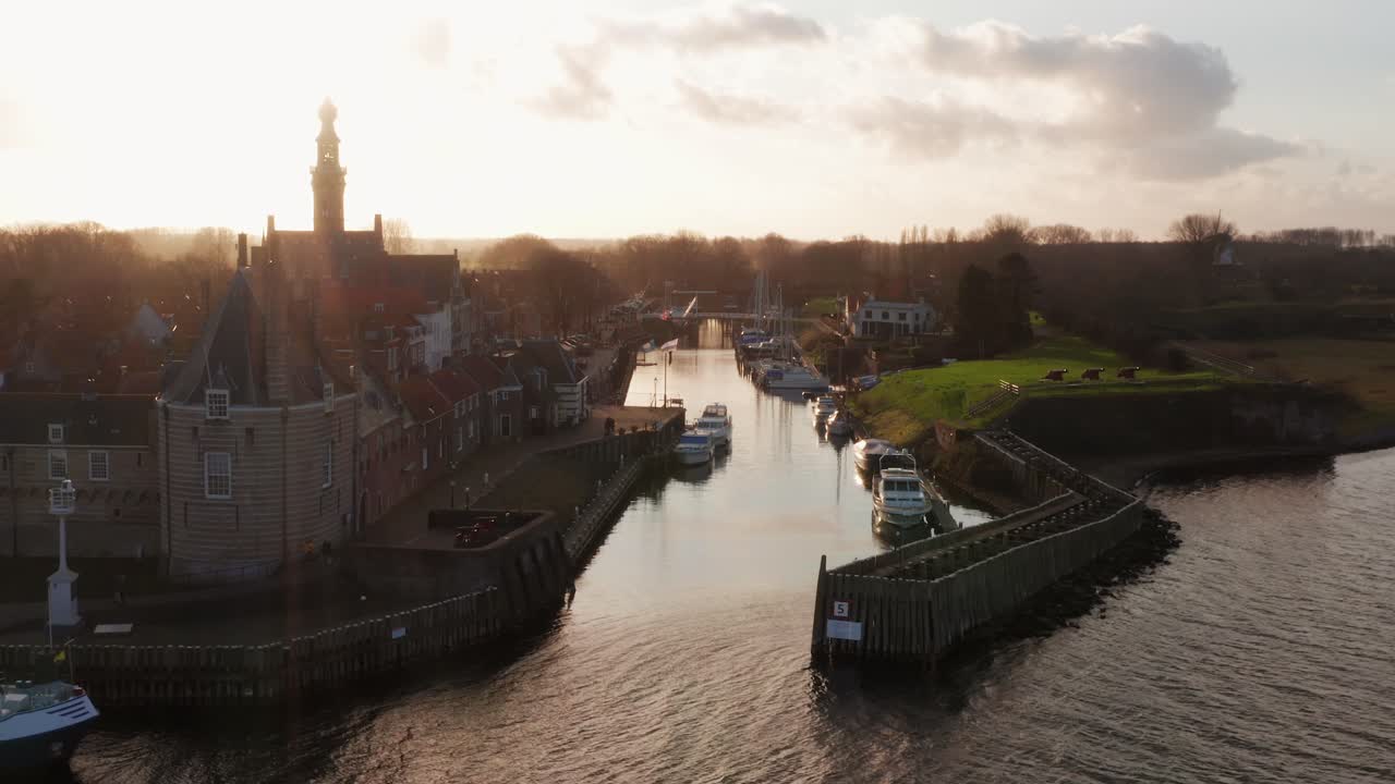 Aerial view of the old harbour of the touristic city Veere